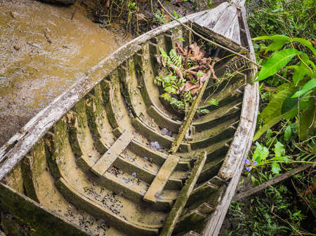 A erode wooden ship is covered by mud and mossの写真素材