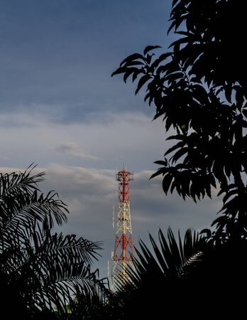 Mobile phone communication repeater antenna tower behind  silhouetted treesの写真素材