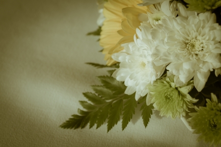 bouquet of flowers on white color clothの写真素材
