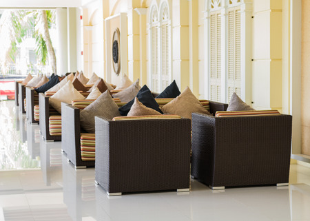 modern seats with pillows in the lobby hotelのeditorial素材
