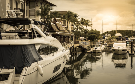 Scenery at yacht marina under sunlight in warm toneの写真素材