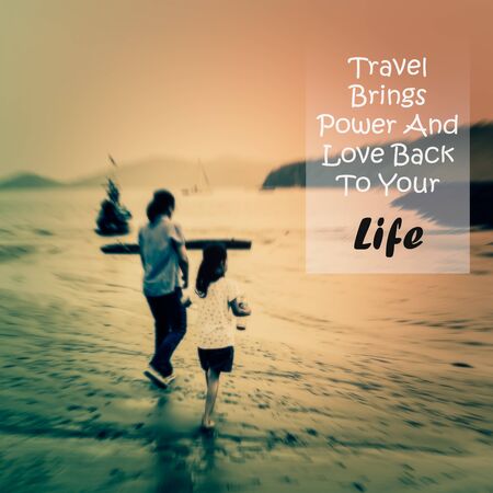 Meaningful quote on blurred people background, travel brings power and love back to your life.の写真素材