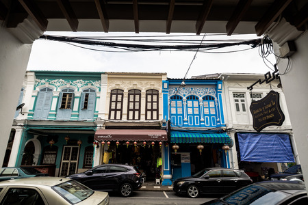 Phuket, Thailand - December 16, 2016 : Chino Portuguese style building at Thalang road in phuket, Thailandのeditorial素材