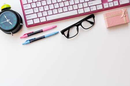 Office desk materials isolated on white paper background, Modern office life concept.の写真素材