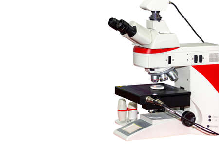 modern microscope for science laboratory or industrial work isolated on white background