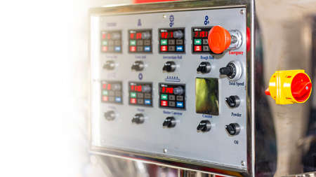 close up many button switch of control panel of automatic industrial flour or food mixer machine...