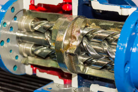 Close up Cross section detail inside screw vacuum pump for industrialの写真素材