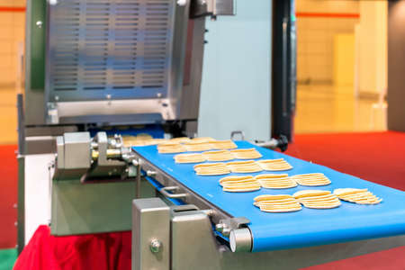 Close up bologna sliced plate on conveyor of automatic slicer machine for industrial food...