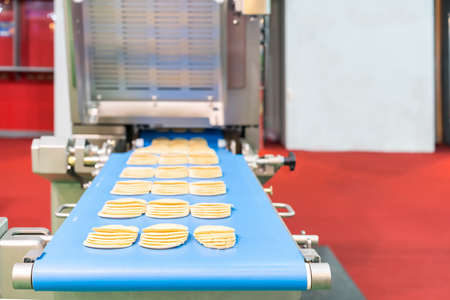 Close up bologna sliced plate on conveyor of automatic slicer machine for industrial food...