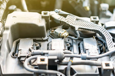 close up detail of old and dirty automobile power engine by take off cover crankcase prepare for...