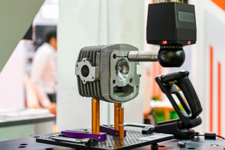 automatic coordinate measurement machine (CMM) during inspection automotive industrial part in quality control manufacturing processの写真素材