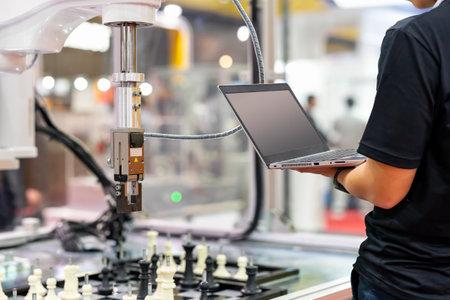 technician check step function and analysis or enter command information pass computer laptop for control automatic robot arm for lift and place and moving chess pieces to play chess gameの写真素材