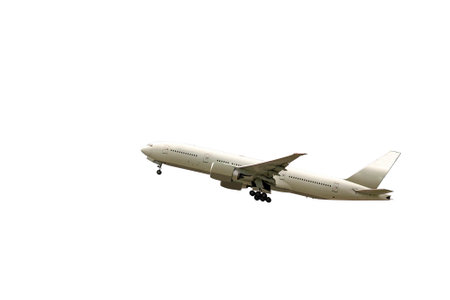 Side view of airplane for commercial passenger or cargo transportation flying isolated on white...
