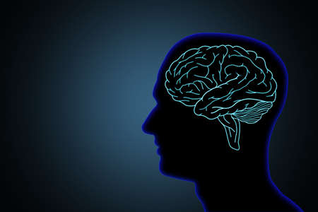 Illustration human brain concept in silhouette black head on dark blue background