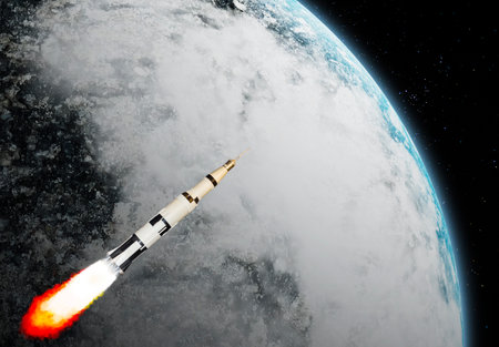 3d image illustration black and white multistage space rocket model flies to exploration planet at...
