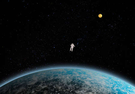 3d image illustration One statue or plastic model astronaut or spaceman floating alone in space galaxy with planet and copy spaceの写真素材