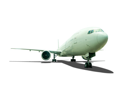 Front view passenger aircraft or cargo airplane parking on ground with shadow isolated on white...
