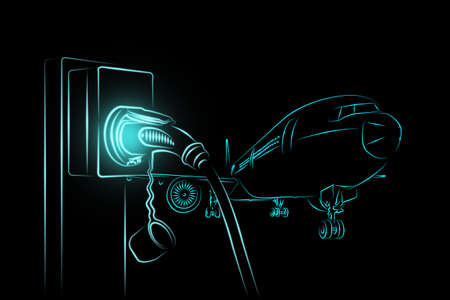 Illustration sketch light blue color outline shape of electric aircraft charger station with plug...