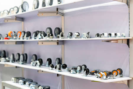 various type and size  castor wheel or trolley wheel for furniture or industrial storage on shelfの写真素材