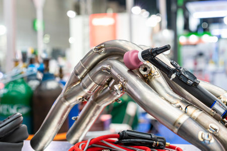 Stainless steel pipe automobile or motorcycle part after assembly component by Tungsten inert gas or tig welding process with welding torchの写真素材