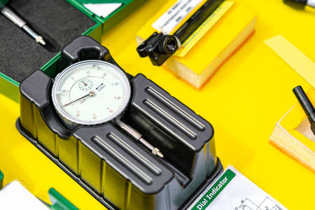 Close up accuracy and precision indicator dial gauge equipment for measuring dimension depth roundness etc of quality control process in manufacturingの写真素材