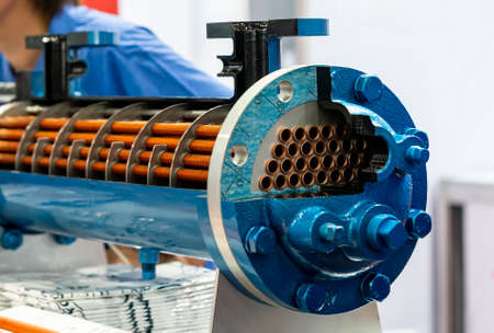 Close cross section of oil cooler core heat exchanger for cooling oil system for engine or machine in industrialの写真素材