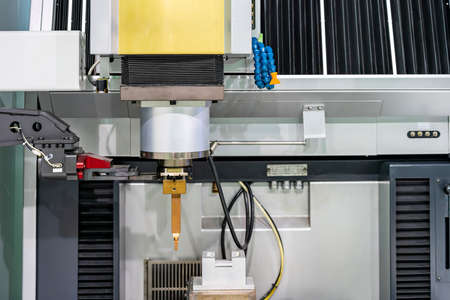 close up copper electrode during setup on automatic electrical discharge machine (edm) or spark machiningの写真素材
