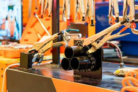 locking chain pliers for fix or clamp during lock 3 metal or steel pipe in manufacturing process in industrialの写真素材