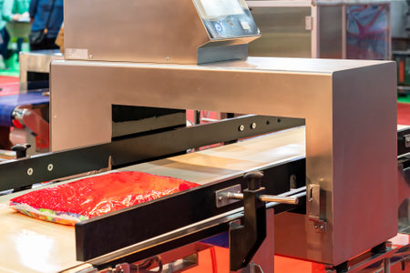 Meat bag on conveyor pass detection coil of metal detector machine for manufacturing process of food industrialの写真素材