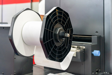 paper sheet roll or sticker sheet roll for print expired date manufacturing date lot no. price etc. by continuous inkjet printing machine in industrialの写真素材