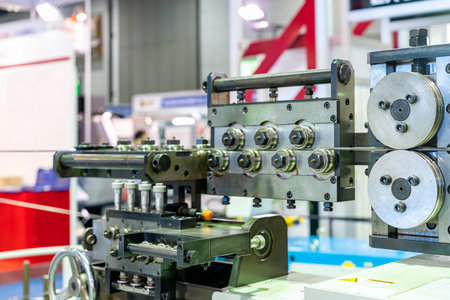 Roller or wire feeder pulley unit for guide and supply material to automatic pin or plug making machine or 3d wire bending machine in industrialの写真素材