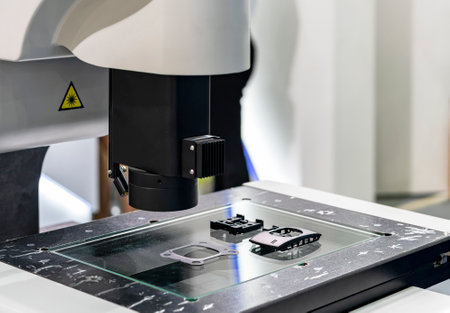 workpiece during inspection dimension shape appearance etc. by high technology precision video measuring machine with visual camera for quality control of manufacturing processの写真素材
