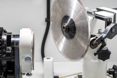 Close up Diamond and pcbn wheel tools mounting on electric motor with metal circle blade in high precision and accuracy tool grinder machine in industrialの写真素材