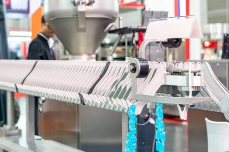 Close up sample imitate sausage stuffer put in collagen casings during hanging on hanger of automatic line conveyor machine holder for transport in manufacturing process food industrialの写真素材