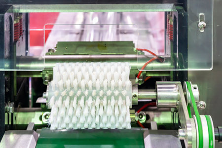 White pp roller brush on machine over bent conveyor component for cleaning product before next process such as contain and packing in food industrial or otherの写真素材
