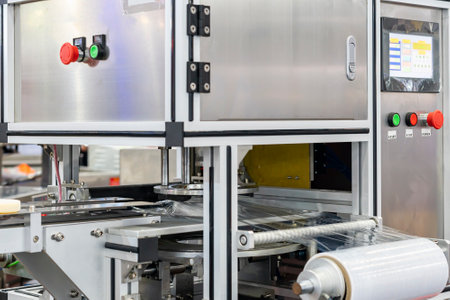 Close up plastic film wrapping or packing machine for goods or product such as soap etc.の写真素材