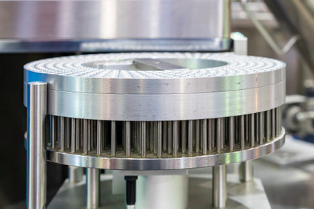 Close up metal stainless steel capsule disc and pin disc on rotary table component of capsule filling machine for industrialの写真素材