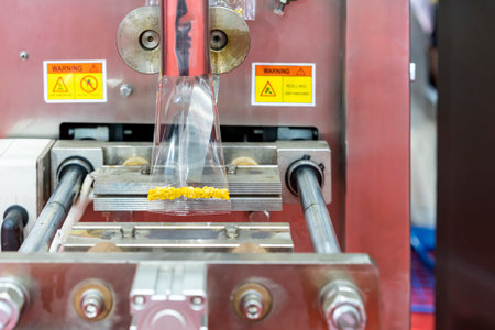 product small granule such as soybean during fill to plastic pouch bag and seal by continuous vertical automatic packing machine for industrialの写真素材