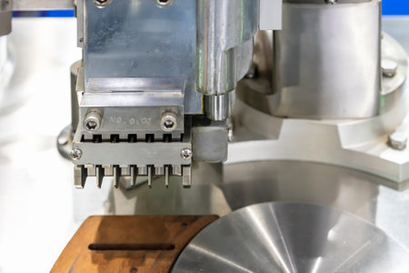 close up metal stainless steel capsule sorting plate and vertical feeding fork component of...