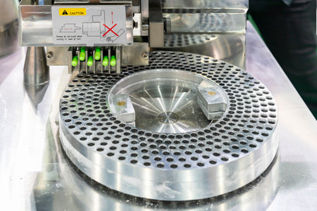 close up medicine green capsule at feeding fork of automatic capsule filling machine during...