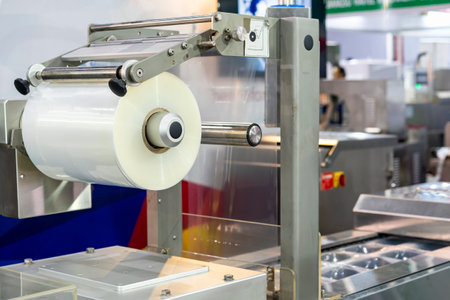 close up transparent plastic film sheet set on roller drive of automatic wrapping or filling packing...