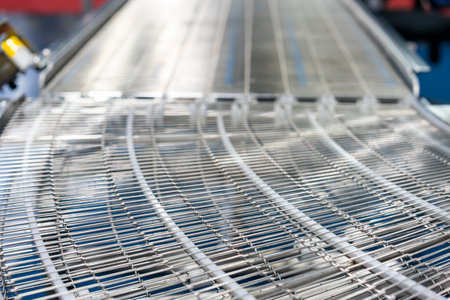 stainless steel wire mesh belt conveyor of automatic production line of manufacturing process for transportation material goods or product etc. in industrialの写真素材