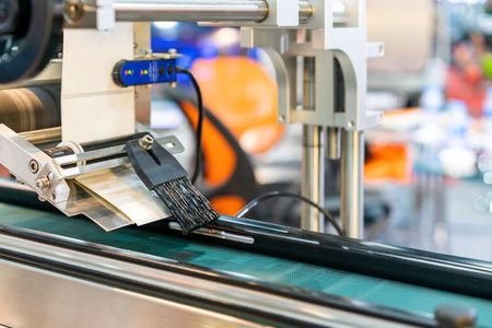 Close up fur brush and label paper of automatic continuous sticker labeling machine for labelling...