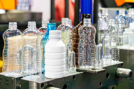 various sample transparent plastic bottle and other color with  preform raw material place on metal...