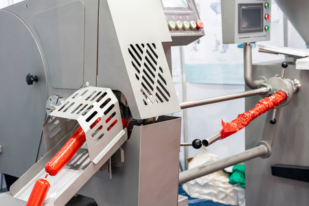 sausage after filling and during pass portioning outlet and casing holding tube or straight nozzle...