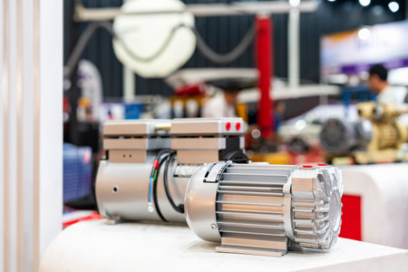 electric motor with compact oil free rotary vane dry vacuum pump for industrial on tableの写真素材