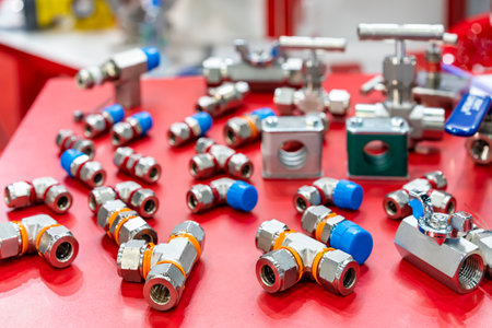 various kind of metal coupling or air line fitting equipment of connector for pneumatic or etc. in industrialの写真素材