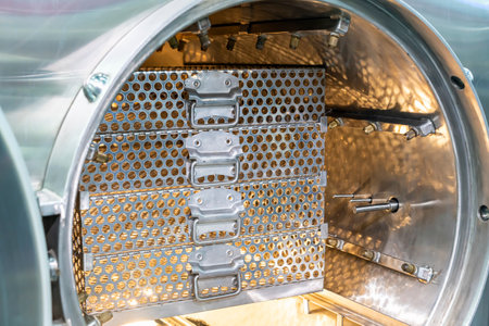 Stainless steel mesh basket placed in room automatic autoclave retort sterilization in food industry for manufacturing processの写真素材