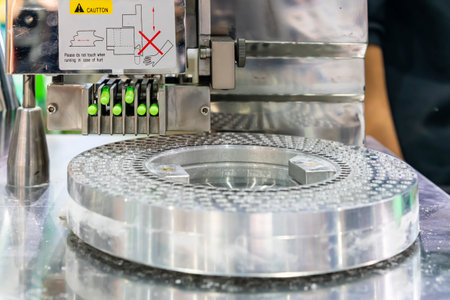 close up medicine green capsule at feeding fork of automatic capsule filling machine during manufacturing process in industrialの写真素材