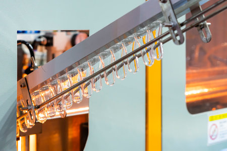 transparent preform plastic pet during transport by inclined hanging conveyor to automatic manufacturing process water bottle blowing in beverage industrialの写真素材